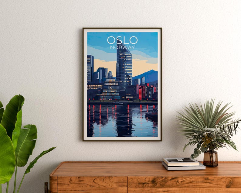 Oslo Travel Print Norway Poster Europe Wall Art Scandinavian Illustration Waterfront Harbor Poster Home Decor Birthday Gift