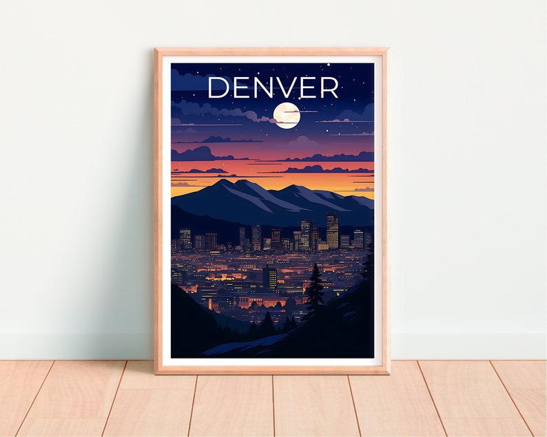 Denver Travel Poster, Colorado Wall Art, Colorado Print, Denver Poster, Denver at Night Poster, City Poster, Denver Art