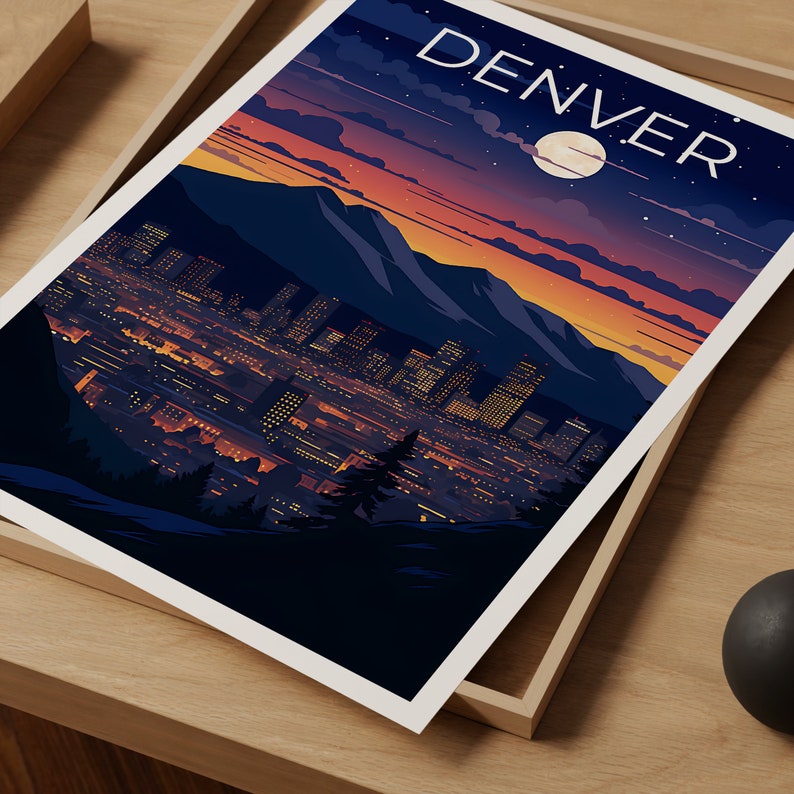 Denver Travel Poster, Colorado Wall Art, Colorado Print, Denver Poster, Denver at Night Poster, City Poster, Denver Art