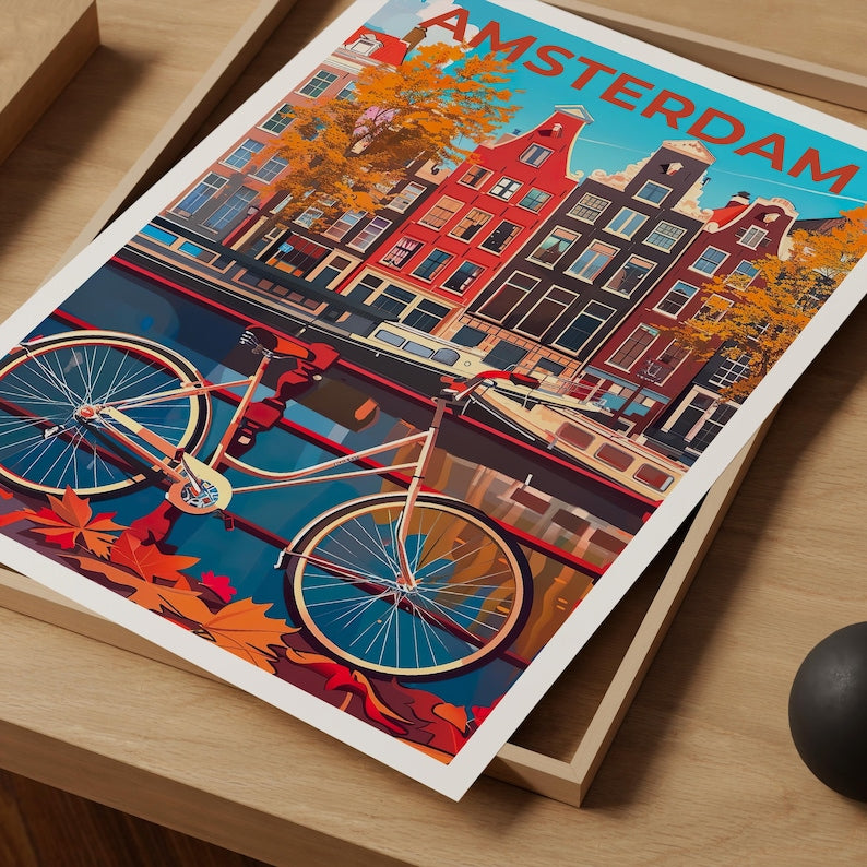 Amsterdam Poster, Netherlands Travel Print, Holland Art, Amsterdam Bicycle Poster, Scenic Wall Art, Home Decor, Birthday Gift