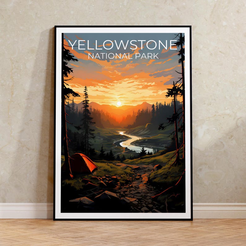 Affiche de voyage de Yellowstone, art mural du Wyoming, impression du Wyoming, affiche de Yellowstone, affiche du Wyoming, affiche de la ville, art de Yellowstone