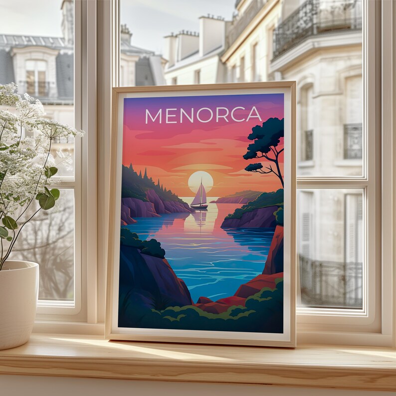 Menorca Travel Print, Tropical Island Poster, Spain Wall Art, Coastal Scene Illustration, Menorca Poster, Home Decor, Birthday Gift