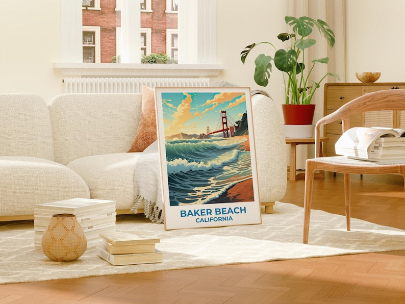 Baker Beach Travel Print San Francisco Poster California Wall Art Beach Illustration Golden Gate Bridge Poster Home Decor Birthday Gift