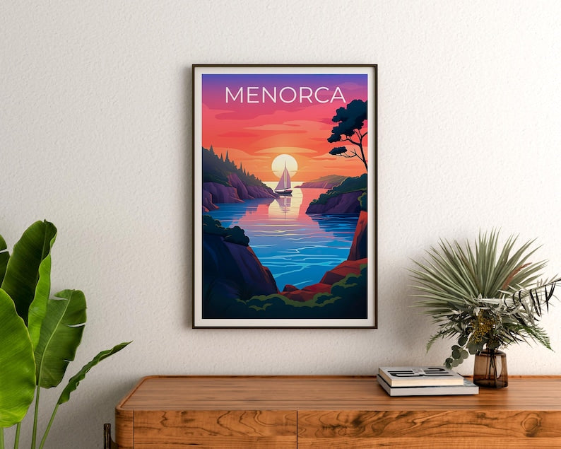 Menorca Travel Print, Tropical Island Poster, Spain Wall Art, Coastal Scene Illustration, Menorca Poster, Home Decor, Birthday Gift