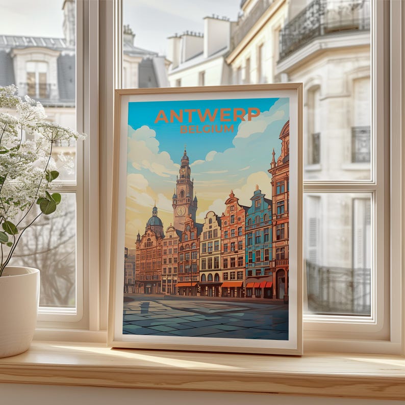 Antwerp Travel Print Belgium Poster European City Wall Art Grote Markt Illustration Antwerp Poster Home Decor Birthday Gift
