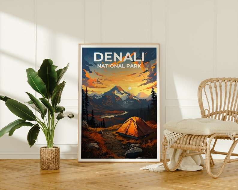 Affiche de voyage Denali, art mural Alaska, impression Alaska, affiche Denali, affiche Alaska, affiche nature, art Denali