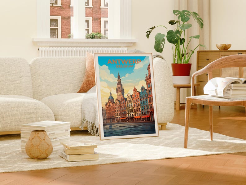 Antwerp Travel Print Belgium Poster European City Wall Art Grote Markt Illustration Antwerp Poster Home Decor Birthday Gift