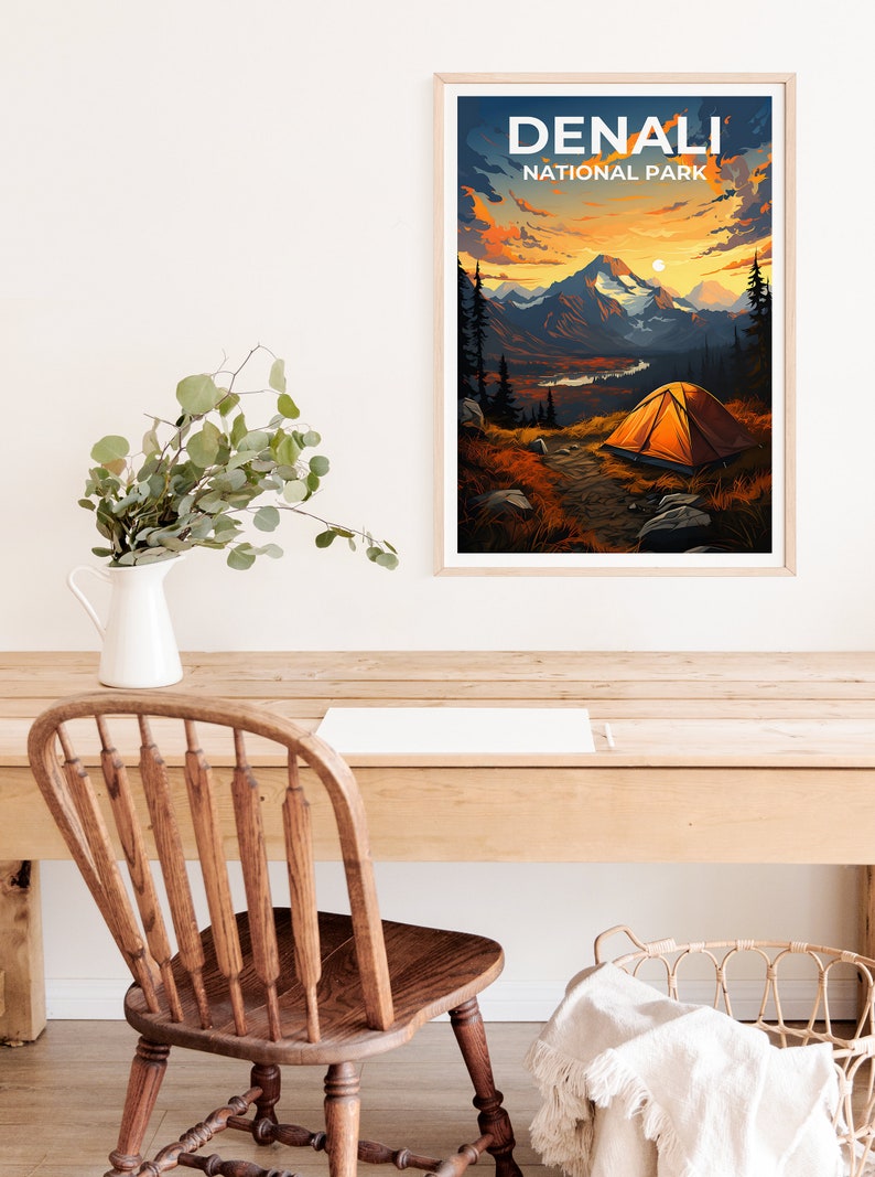Affiche de voyage Denali, art mural Alaska, impression Alaska, affiche Denali, affiche Alaska, affiche nature, art Denali