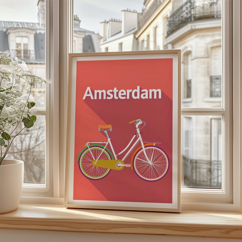 Amsterdam Poster, Netherlands Travel Print, Bicycle Art, Holland Illustration, Europe Poster, Pastel Wall Art, Home Decor, Birthday Gift