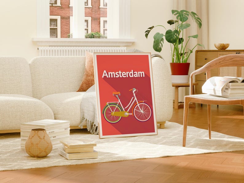 Amsterdam Poster, Netherlands Travel Print, Bicycle Art, Holland Illustration, Europe Poster, Pastel Wall Art, Home Decor, Birthday Gift