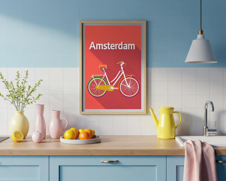 Amsterdam Poster, Netherlands Travel Print, Bicycle Art, Holland Illustration, Europe Poster, Pastel Wall Art, Home Decor, Birthday Gift
