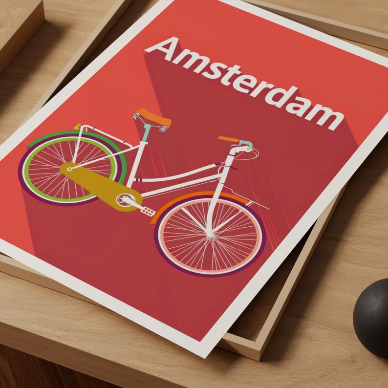 Amsterdam Poster, Netherlands Travel Print, Bicycle Art, Holland Illustration, Europe Poster, Pastel Wall Art, Home Decor, Birthday Gift