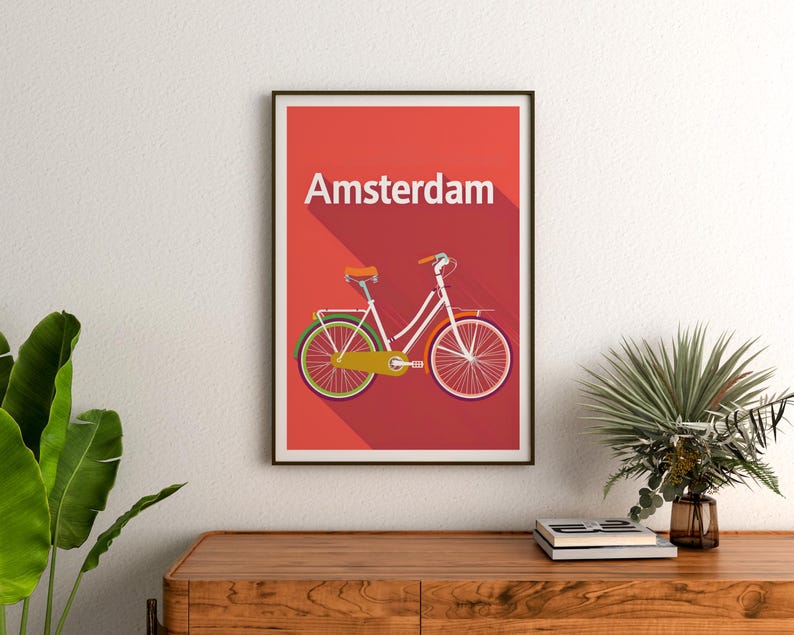 Amsterdam Poster, Netherlands Travel Print, Bicycle Art, Holland Illustration, Europe Poster, Pastel Wall Art, Home Decor, Birthday Gift