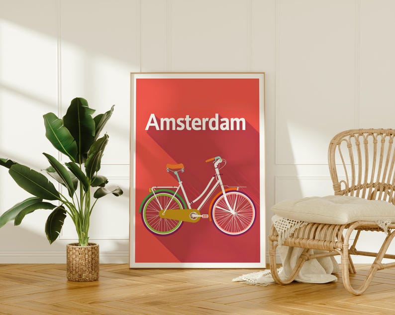 Amsterdam Poster, Netherlands Travel Print, Bicycle Art, Holland Illustration, Europe Poster, Pastel Wall Art, Home Decor, Birthday Gift