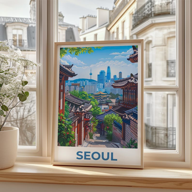 Seoul Poster, South Korea Travel Print, Asia Art, Bukchon Hanok Village Illustration, Scenic Wall Art, Home Decor, Birthday Gift