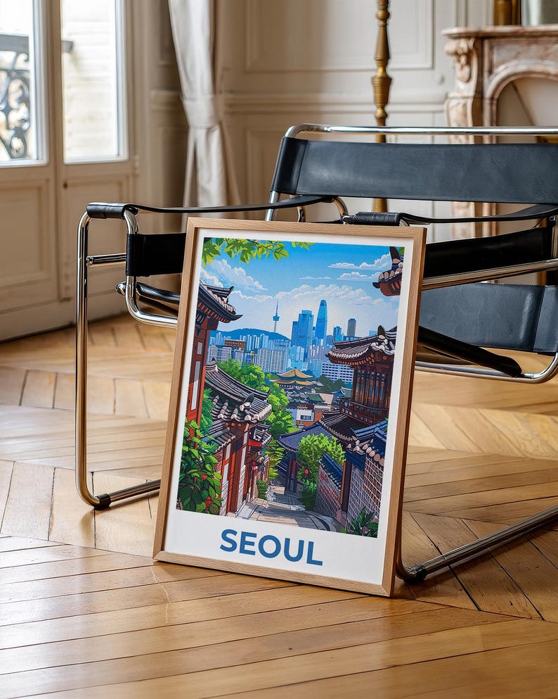 Seoul Poster, South Korea Travel Print, Asia Art, Bukchon Hanok Village Illustration, Scenic Wall Art, Home Decor, Birthday Gift