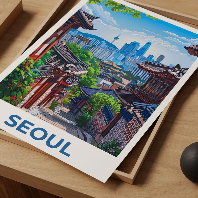 Seoul Poster, South Korea Travel Print, Asia Art, Bukchon Hanok Village Illustration, Scenic Wall Art, Home Decor, Birthday Gift