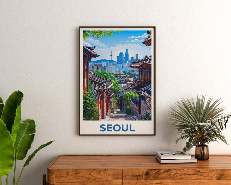 Seoul Poster, South Korea Travel Print, Asia Art, Bukchon Hanok Village Illustration, Scenic Wall Art, Home Decor, Birthday Gift