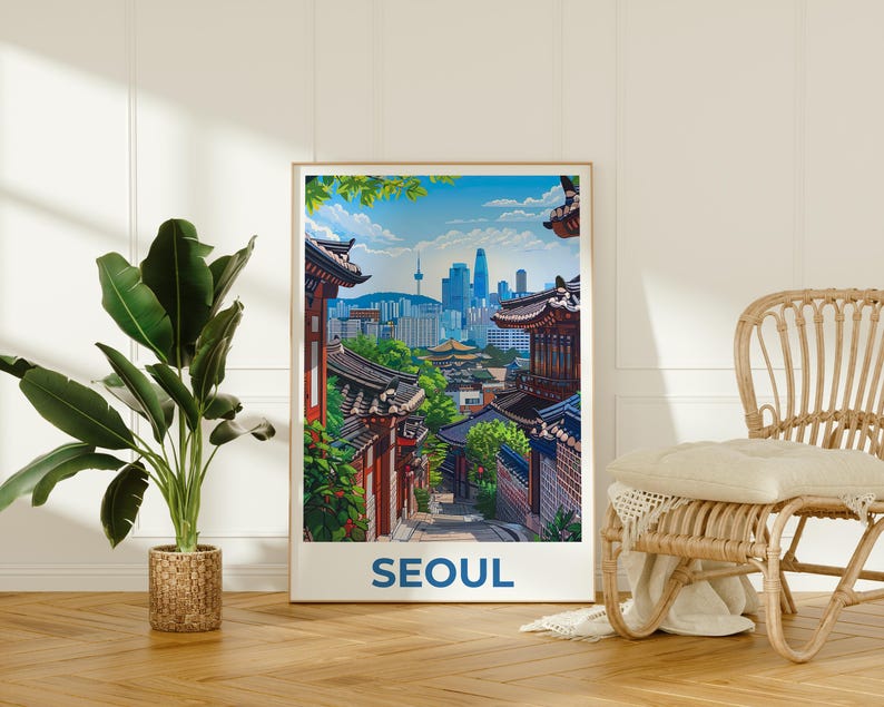 Seoul Poster, South Korea Travel Print, Asia Art, Bukchon Hanok Village Illustration, Scenic Wall Art, Home Decor, Birthday Gift