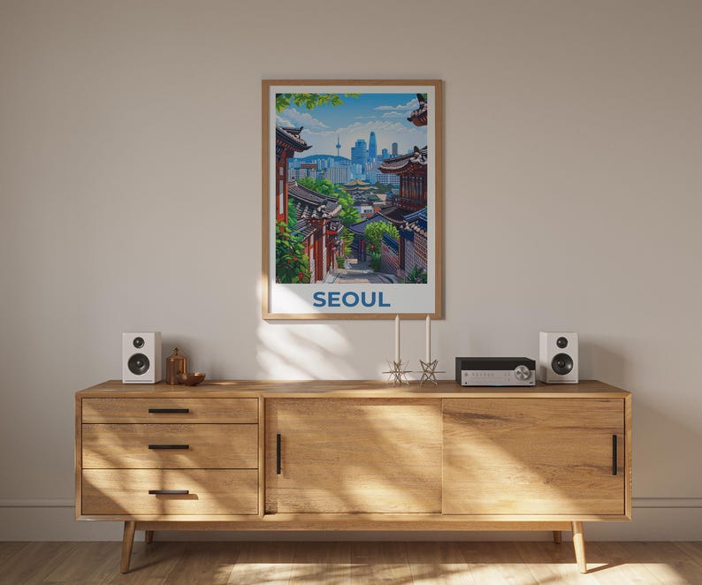 Seoul Poster, South Korea Travel Print, Asia Art, Bukchon Hanok Village Illustration, Scenic Wall Art, Home Decor, Birthday Gift