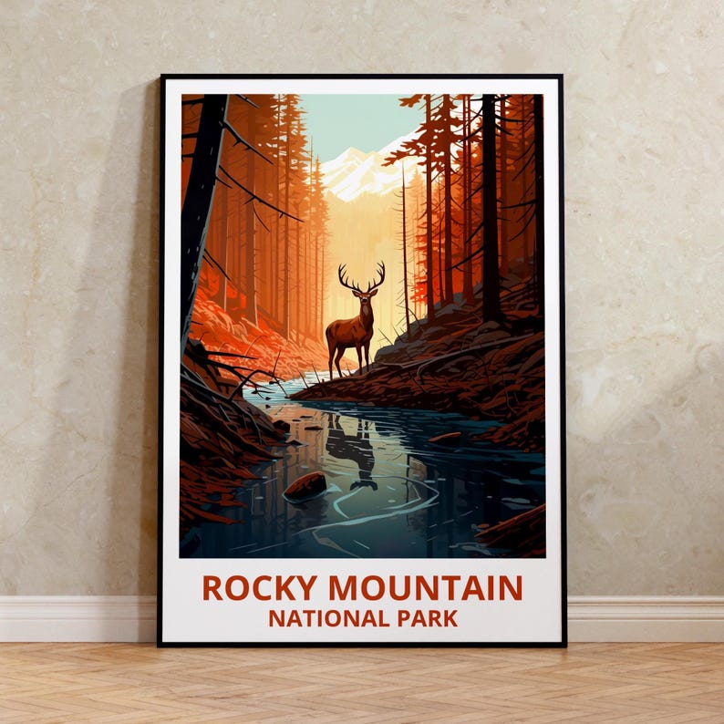 Rocky Mountain National Park Travel Print Forest Poster Yosemite Deer Yosemite Illustration Colorado Poster Home Decor Birthday Gift
