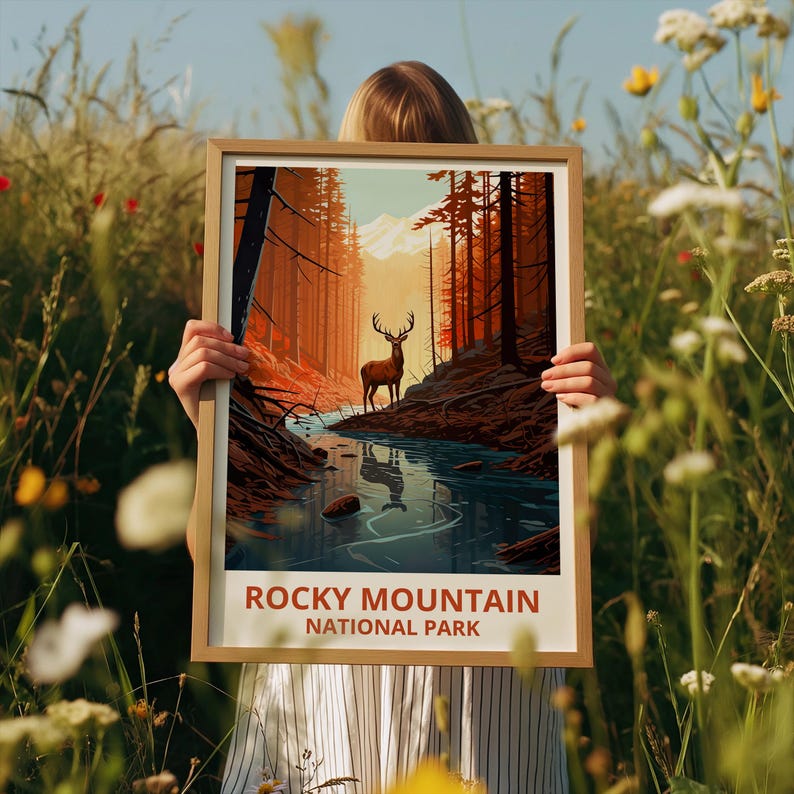 Rocky Mountain National Park Travel Print Forest Poster Yosemite Deer Yosemite Illustration Colorado Poster Home Decor Birthday Gift