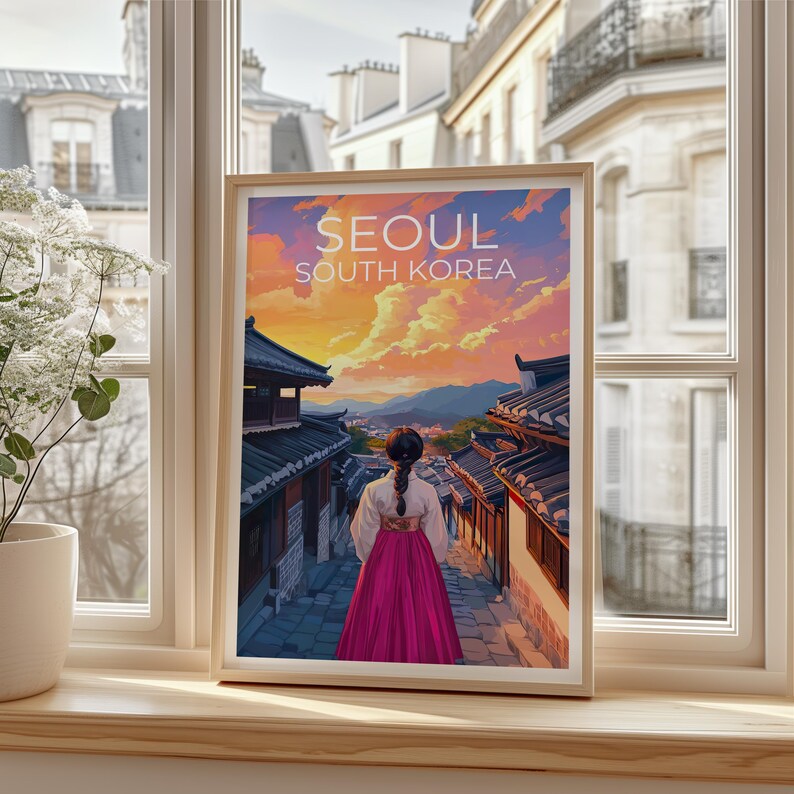 Seoul Travel Print, South Korea Poster, Seoul City Wall Art, Hanbok Illustration, Seoul Poster, Home Decor, Birthday Gift