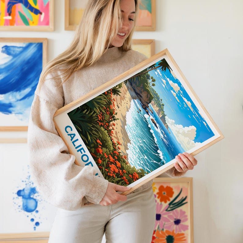 California Travel Print Beach Poster Coastal Wall Art Waves Illustration California Poster Home Decor Birthday Gift
