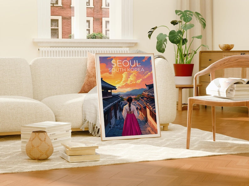 Seoul Travel Print, South Korea Poster, Seoul City Wall Art, Hanbok Illustration, Seoul Poster, Home Decor, Birthday Gift