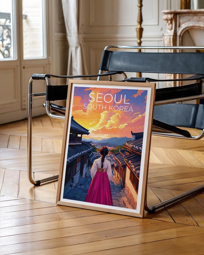 Seoul Travel Print, South Korea Poster, Seoul City Wall Art, Hanbok Illustration, Seoul Poster, Home Decor, Birthday Gift