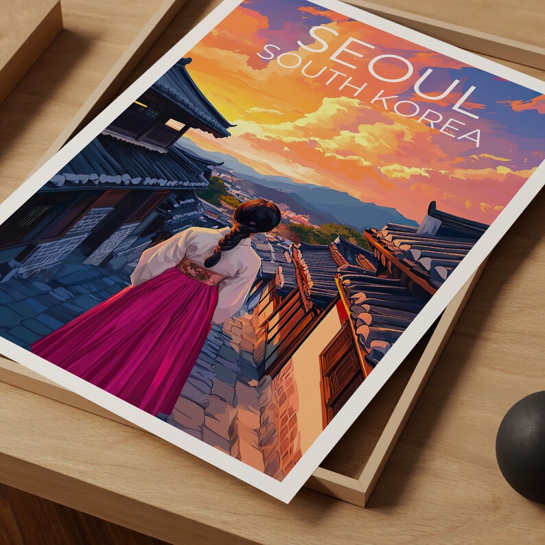 Seoul Travel Print, South Korea Poster, Seoul City Wall Art, Hanbok Illustration, Seoul Poster, Home Decor, Birthday Gift