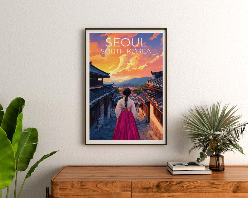 Seoul Travel Print, South Korea Poster, Seoul City Wall Art, Hanbok Illustration, Seoul Poster, Home Decor, Birthday Gift