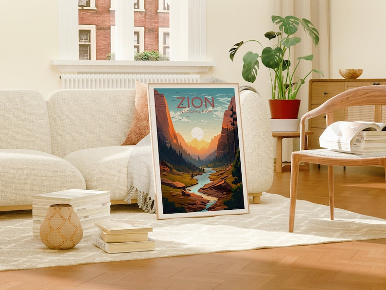 Affiche du parc national de Zion, art mural de Zion, impression de Zion, affiche de Zion, art des parcs nationaux, affiche des parcs nationaux, art de l'affiche, décoration murale