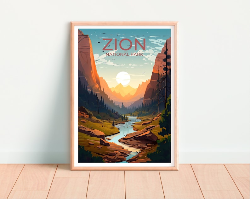 Affiche du parc national de Zion, art mural de Zion, impression de Zion, affiche de Zion, art des parcs nationaux, affiche des parcs nationaux, art de l'affiche, décoration murale