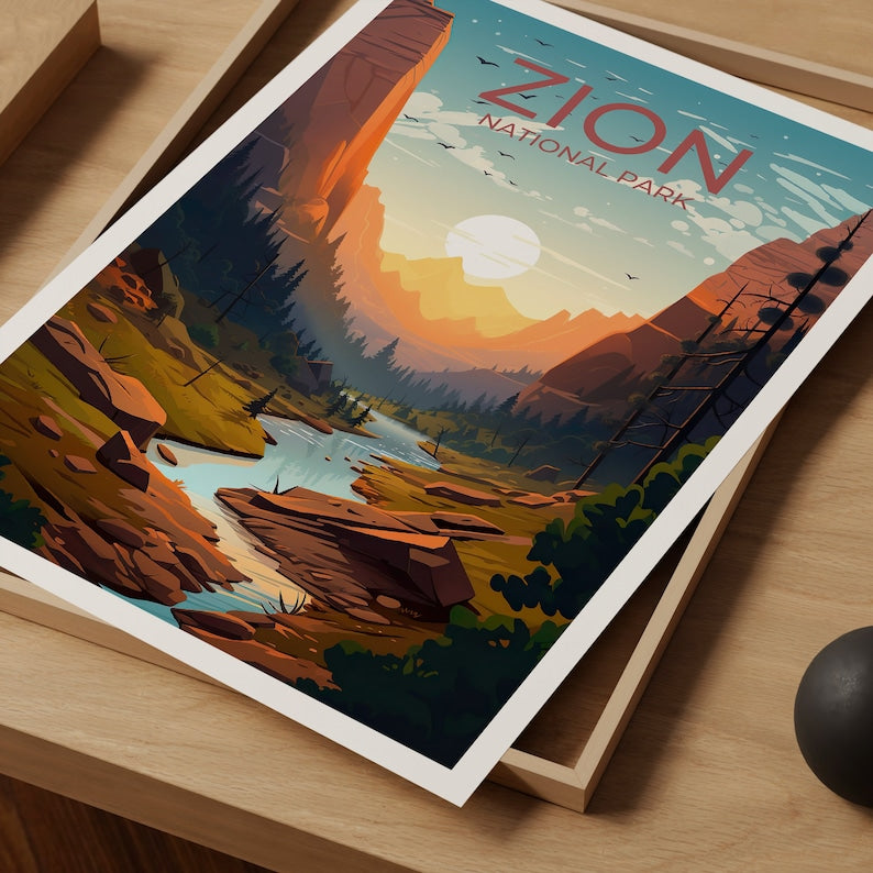Affiche du parc national de Zion, art mural de Zion, impression de Zion, affiche de Zion, art des parcs nationaux, affiche des parcs nationaux, art de l'affiche, décoration murale