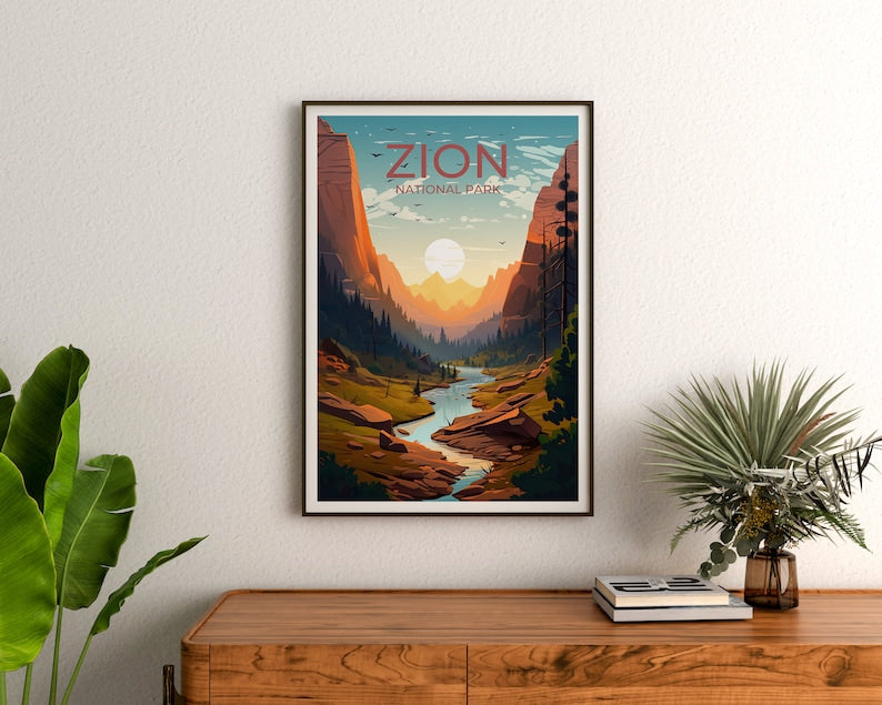 Affiche du parc national de Zion, art mural de Zion, impression de Zion, affiche de Zion, art des parcs nationaux, affiche des parcs nationaux, art de l'affiche, décoration murale