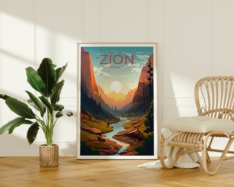Affiche du parc national de Zion, art mural de Zion, impression de Zion, affiche de Zion, art des parcs nationaux, affiche des parcs nationaux, art de l'affiche, décoration murale