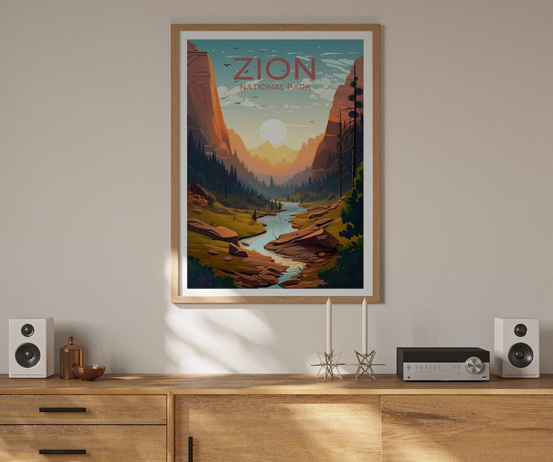 Affiche du parc national de Zion, art mural de Zion, impression de Zion, affiche de Zion, art des parcs nationaux, affiche des parcs nationaux, art de l'affiche, décoration murale