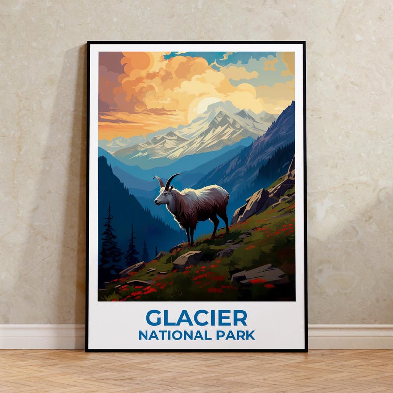 Glacier National Park Travel Print Montana Poster Goat Wall Art Mountain Illustration Glacier Park Poster Home Decor Birthday Gift