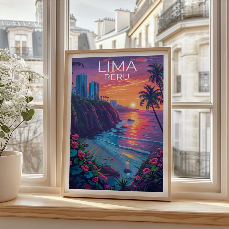 Lima Travel Print, Peru Poster, Miraflores Wall Art, Coastal Peru Illustration, Landscape Poster, Home Decor, Birthday Gift