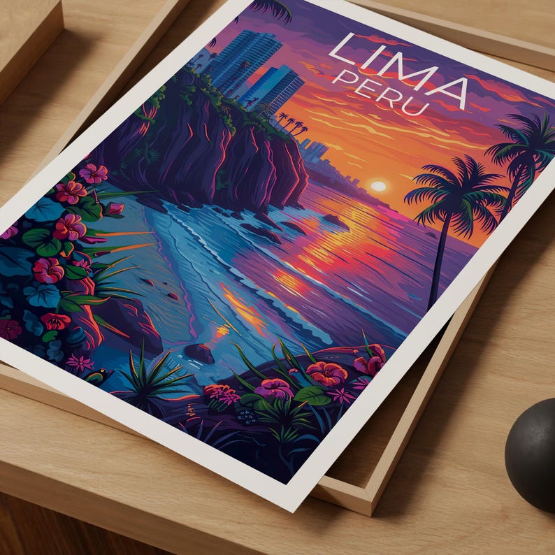 Lima Travel Print, Peru Poster, Miraflores Wall Art, Coastal Peru Illustration, Landscape Poster, Home Decor, Birthday Gift