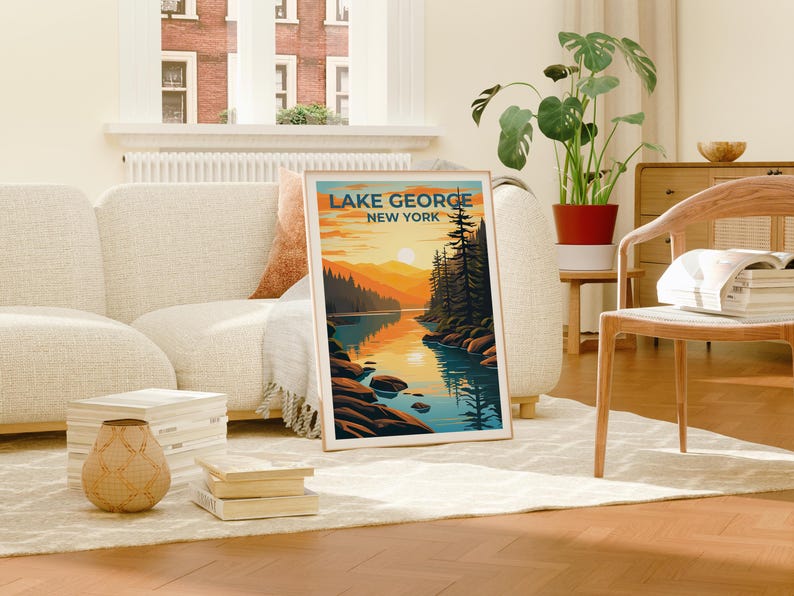 Lake George Travel Print, New York Poster, Forest Wall Art, Mountain Illustration, Lake George Poster, Home Decor, Birthday Gift