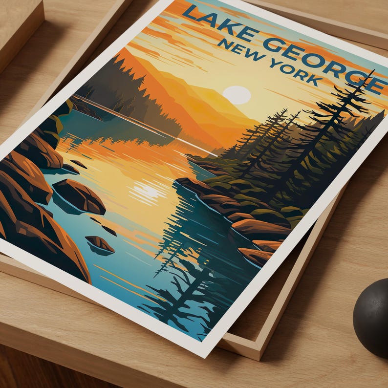 Lake George Travel Print, New York Poster, Forest Wall Art, Mountain Illustration, Lake George Poster, Home Decor, Birthday Gift
