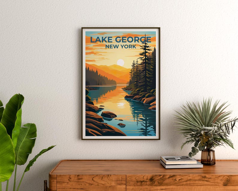Lake George Travel Print, New York Poster, Forest Wall Art, Mountain Illustration, Lake George Poster, Home Decor, Birthday Gift