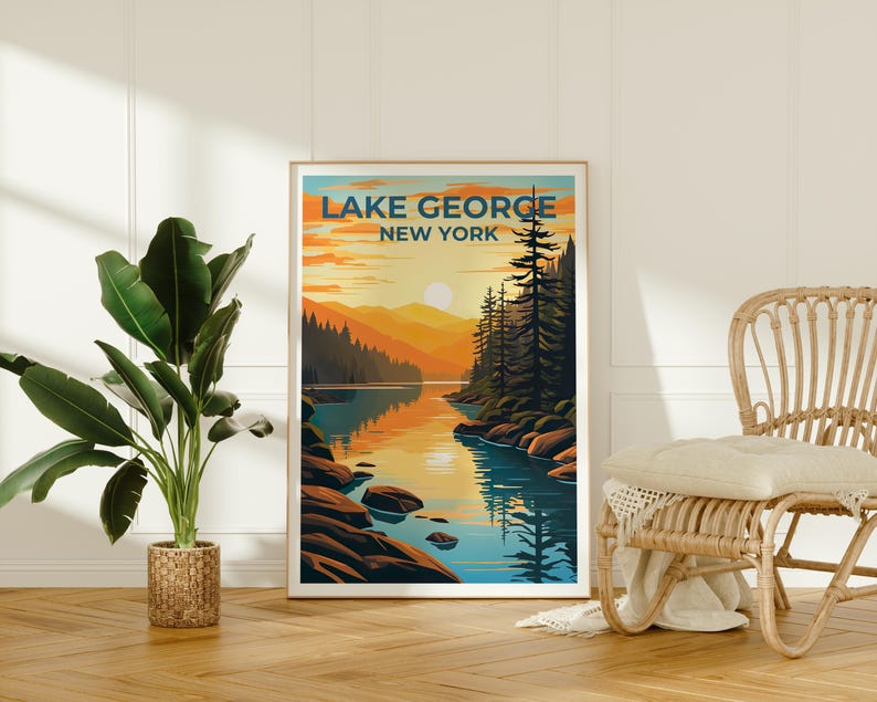 Lake George Travel Print, New York Poster, Forest Wall Art, Mountain Illustration, Lake George Poster, Home Decor, Birthday Gift