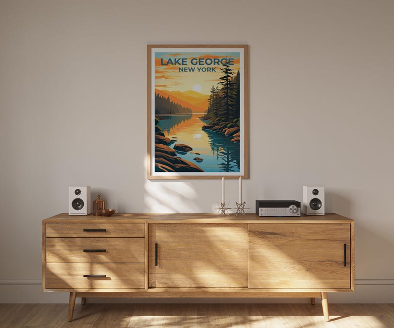 Lake George Travel Print, New York Poster, Forest Wall Art, Mountain Illustration, Lake George Poster, Home Decor, Birthday Gift