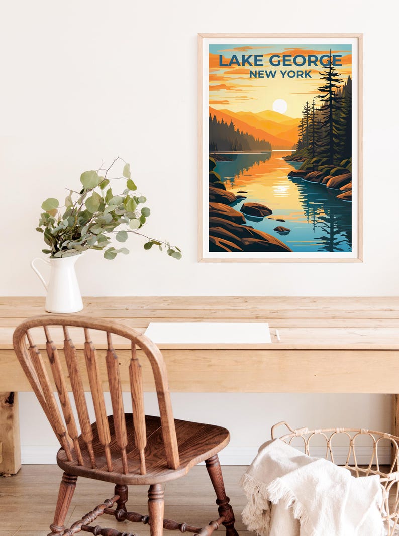 Lake George Travel Print, New York Poster, Forest Wall Art, Mountain Illustration, Lake George Poster, Home Decor, Birthday Gift