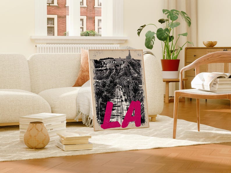 Los Angeles Poster, California Travel Print, Art, Hollywood Sign Illustration, Cityscape Poster, Scenic Wall Art, Home Decor, Birthday Gift