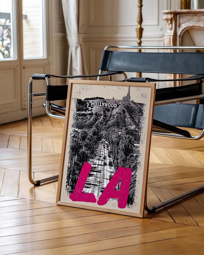 Los Angeles Poster, California Travel Print, Art, Hollywood Sign Illustration, Cityscape Poster, Scenic Wall Art, Home Decor, Birthday Gift