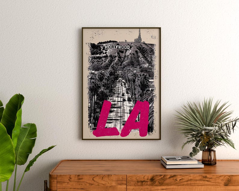 Los Angeles Poster, California Travel Print, Art, Hollywood Sign Illustration, Cityscape Poster, Scenic Wall Art, Home Decor, Birthday Gift